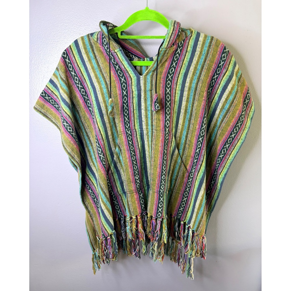 Hand Woven Hooded Poncho Striped Fringed Baja Pullover Multi Color Festival Boho